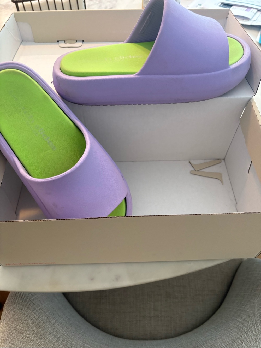 J Slides Lavender Slide Sandals with Lime Green Footbed